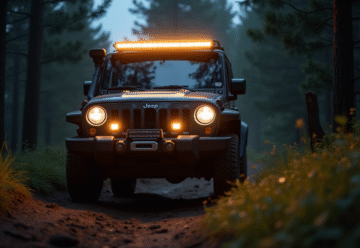 Véhicule 4x4 avec lumière LED dans la forêt au crépuscule