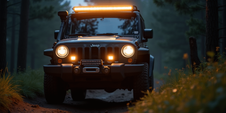 Véhicule 4x4 avec lumière LED dans la forêt au crépuscule