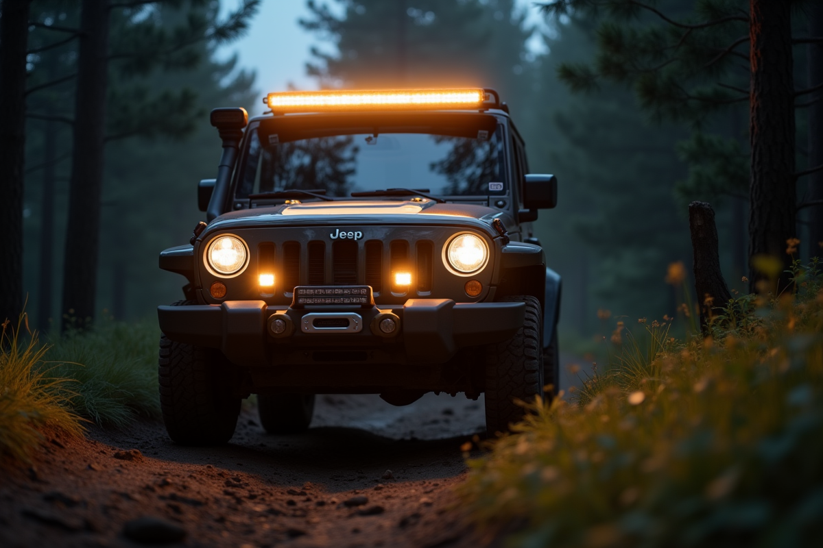Véhicule 4x4 avec lumière LED dans la forêt au crépuscule