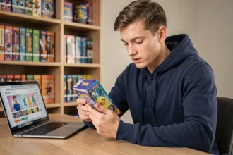 Jeune homme examinant un coffret Pokémon acheté sur un site en ligne, assis à son bureau avec un ordinateur affichant une boutique Pokémon française