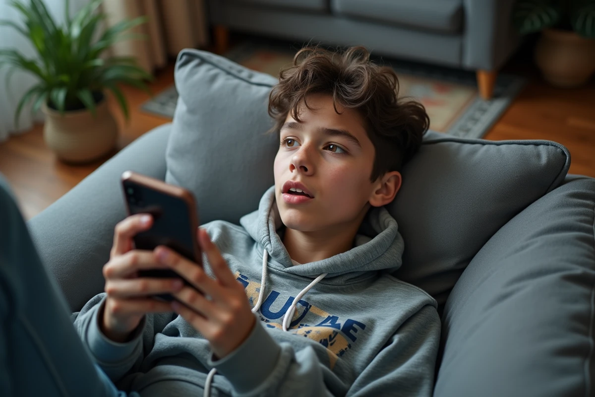 Adolescent allongé sur un canapé consultant un site de films sur smartphone