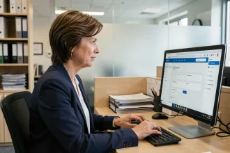 Une agente municipale se connecte à la plateforme Govioz sur son ordinateur dans un bureau administratif moderne