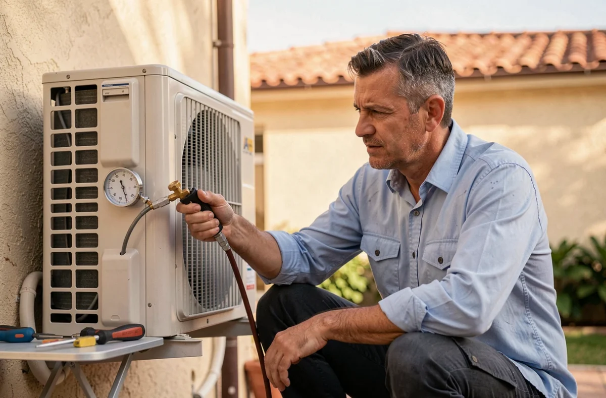 Technicien Airnergy vérifiant une unité de climatisation sur une façade résidentielle à Toulouse