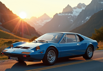 Voiture alpine bleue sur route de montagne au lever du soleil
