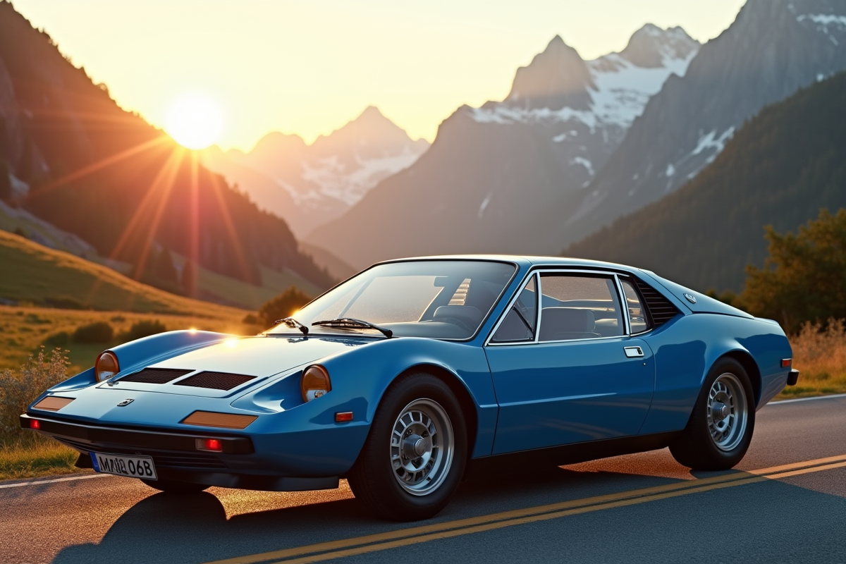 Voiture alpine bleue sur route de montagne au lever du soleil