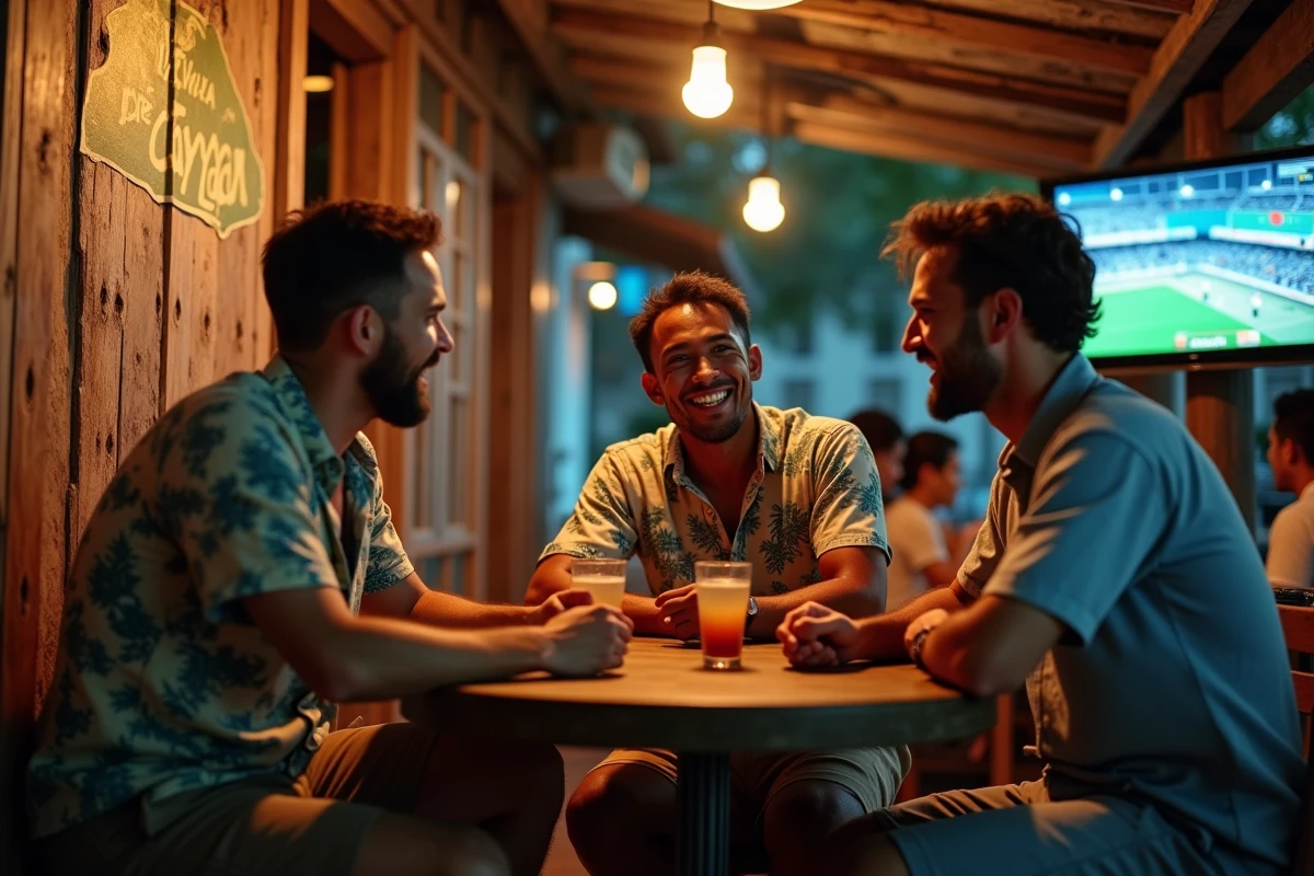 Groupe d'amis regardant un événement sportif en direct dans un bar de Cayenne en Guyane française