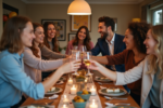 Groupe d'amis en fête dans un appartement moderne