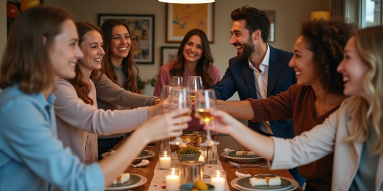 Groupe d'amis en fête dans un appartement moderne