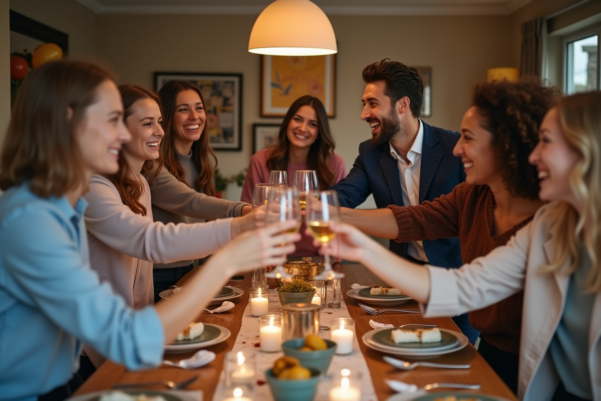 Groupe d'amis en fête dans un appartement moderne