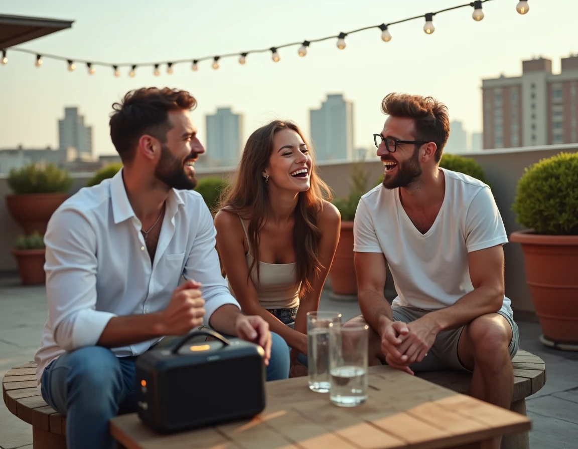 Groupe d'amis qui réagissent à un banger musical sur une terrasse urbaine avec une enceinte Bluetooth