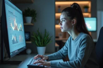 Analyste marketing scrutant des données virales sur un écran dans un bureau moderne, illustrant la montée d'une légende numérique