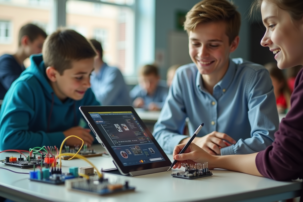 Étudiant utilisant une tablette pour tutoriels électroniques