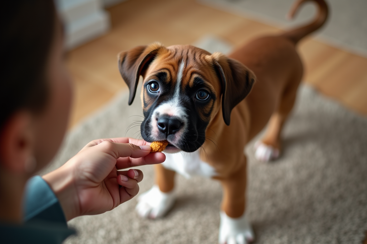 Jeune chiot boxer recevant une friandise en intérieur
