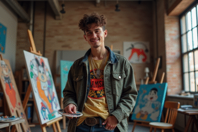 Jeune artiste en streetwear dans un loft créatif