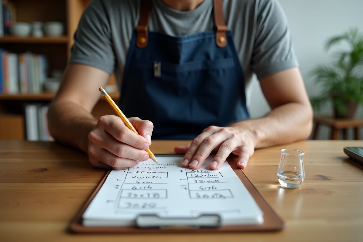 Homme rédigeant une fiche de conversion millilitres-litres avec un bécher de 80ml posé sur une table en bois