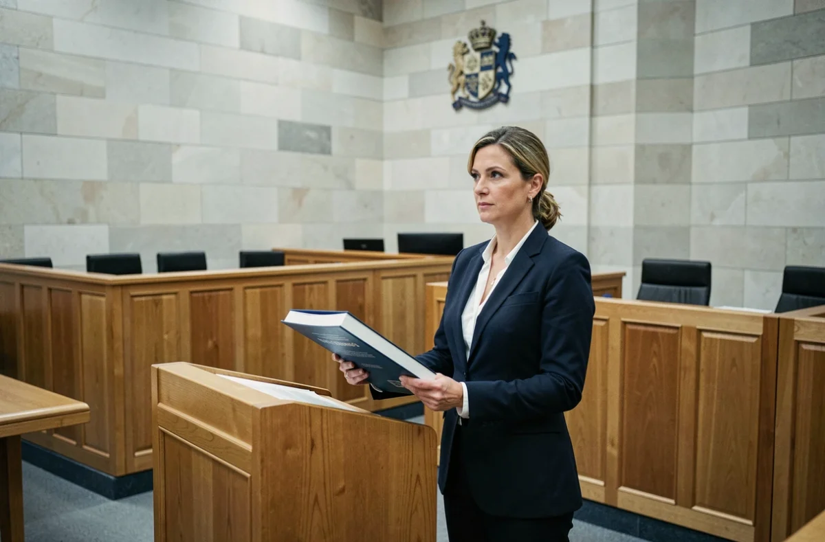 Avocate en costume marine tenant un dossier juridique devant un pupitre dans un tribunal civil moderne