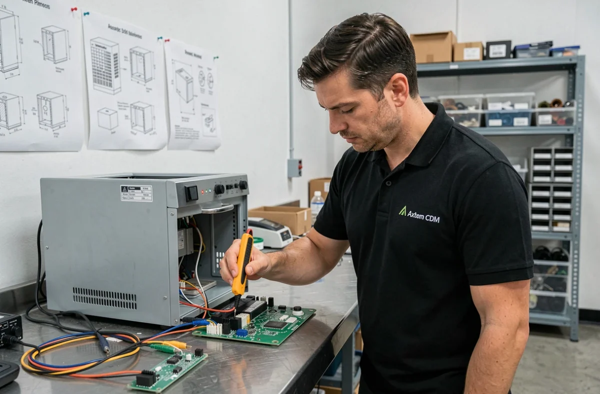 Technicien Axtem CDM testant une carte électronique de four avec un multimètre en atelier