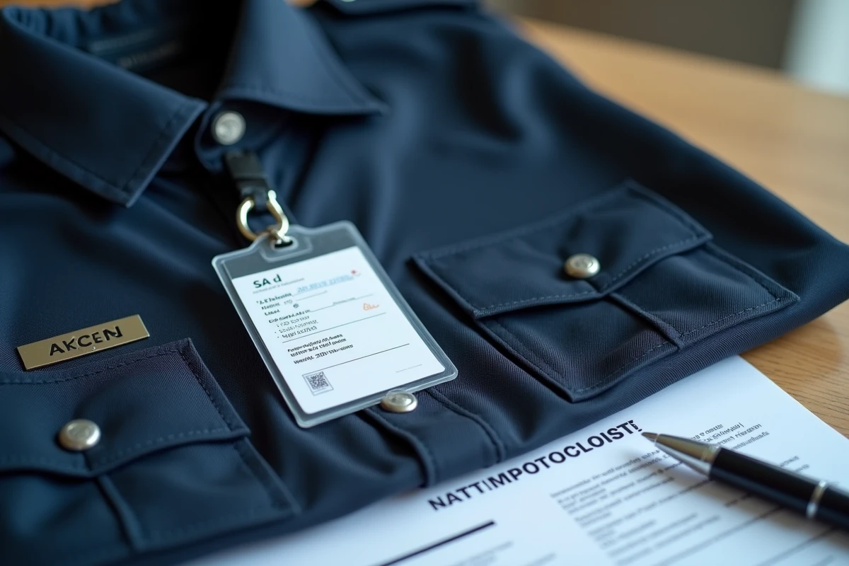 Badge d'accès et vêtements de travail professionnels posés sur un bureau après une procédure de mutation administrative