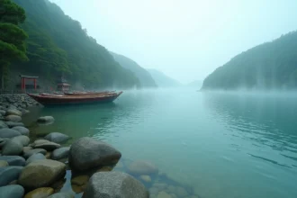 Baie japonaise paisible avec bateaux de pêche traditionnels et torii rouge au bord de l'eau au lever du matin