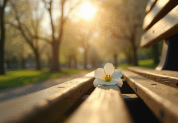 Banc de parc sous arbres en fleurs avec fleur blanche