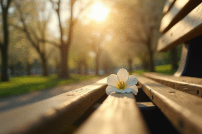 Banc de parc sous arbres en fleurs avec fleur blanche