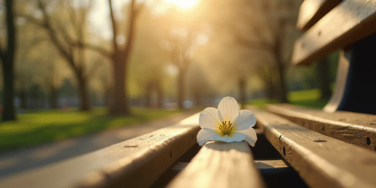 Banc de parc sous arbres en fleurs avec fleur blanche
