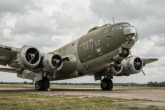 Boeing B-17F Flying Fortress restauré sur tarmac herbeux, vue 3/4 avant montrant les quatre moteurs radiaux et le fuselage en livrée olive drab USAAF