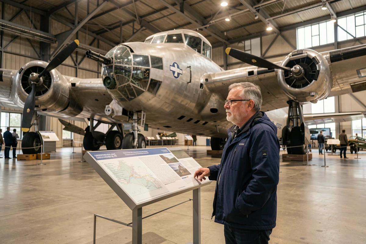 Visiteur d'un musée de l'aviation examinant un panneau explicatif devant un Boeing B-17F grandeur nature exposé dans un hangar muséal