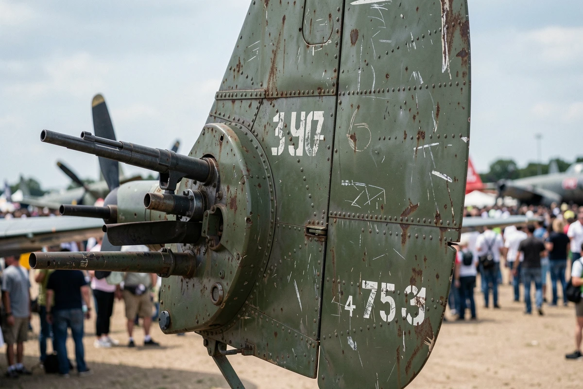 Détail de la section arrière et de la tourelle de queue du Boeing B-17F avec mitrailleuses calibre 50, peinture vieillie et marquages militaires d'époque