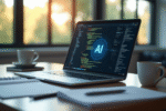 Bureau moderne avec ordinateur affichant code et icones IA