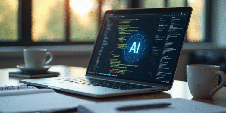 Bureau moderne avec ordinateur affichant code et icones IA