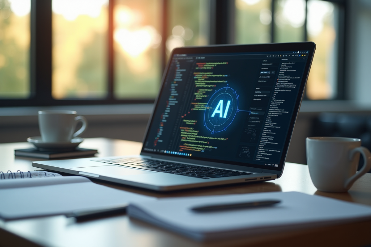 Bureau moderne avec ordinateur affichant code et icones IA