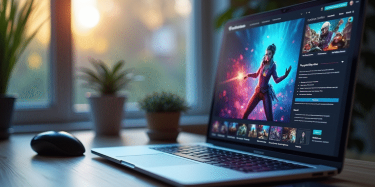 Bureau moderne avec ordinateur affichant un site de jeux en ligne