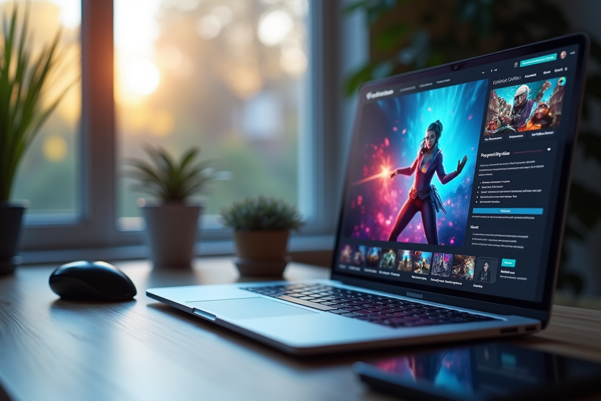 Bureau moderne avec ordinateur affichant un site de jeux en ligne