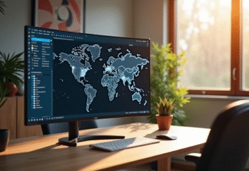 Bureau moderne avec écran réseau et partage de fichiers