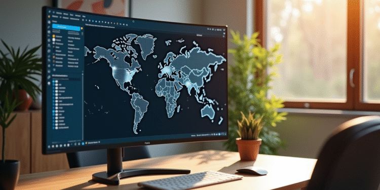 Bureau moderne avec écran réseau et partage de fichiers