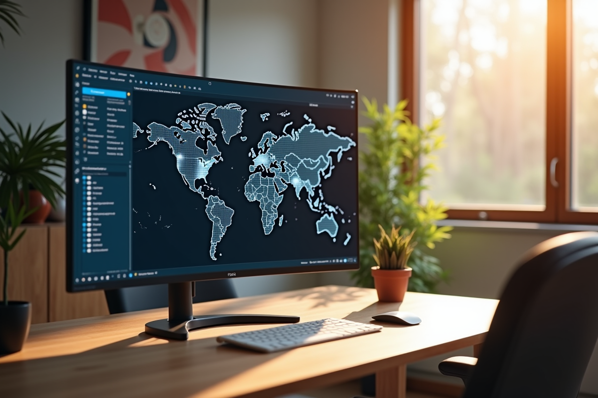 Bureau moderne avec écran réseau et partage de fichiers