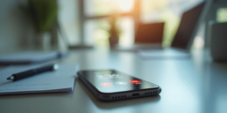 Bureau moderne avec smartphone affichant un appel manqué