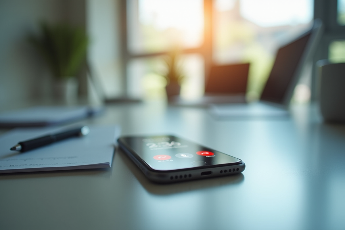 Bureau moderne avec smartphone affichant un appel manqué