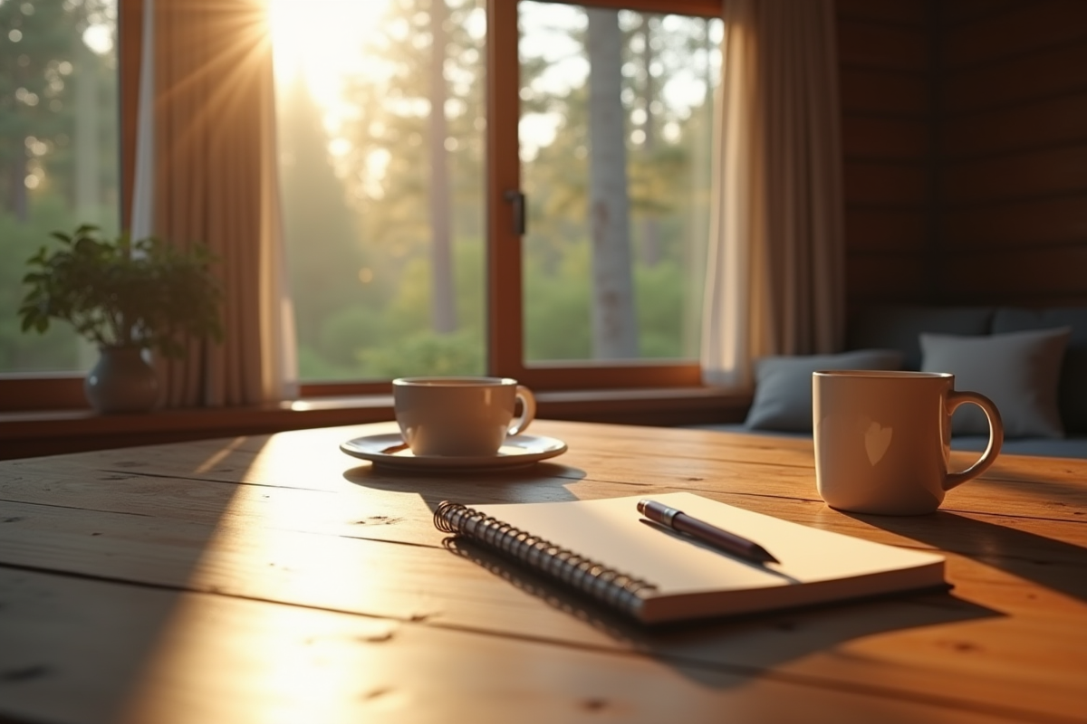 Intérieur de cabine minimaliste avec table et nature visible