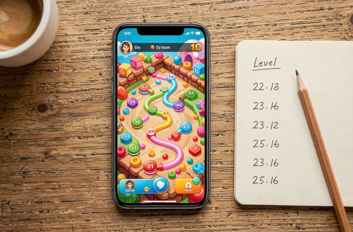 Vue de dessus d'un smartphone affichant une carte de niveaux d'un jeu de bonbons avec un carnet de notes