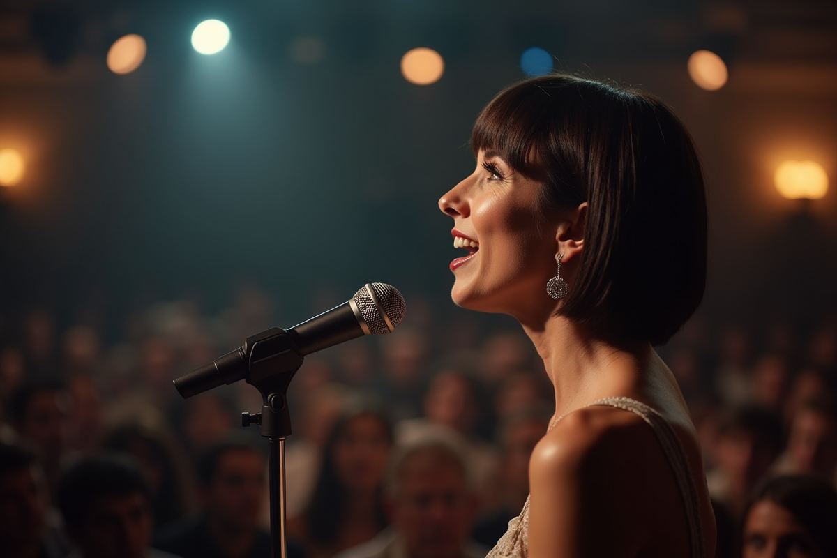 Femme francaise chantant sur scene avec lumiere douce
