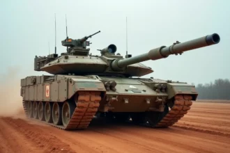 Char de combat principal Leclerc vu de face en trois quarts sur un terrain d'entraînement militaire européen, avec des traces de boue et des marquages tactiques réalistes