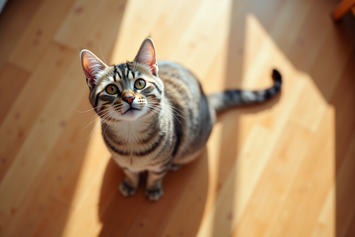 Chat hypoallergenique jouant sur un sol en bois clair