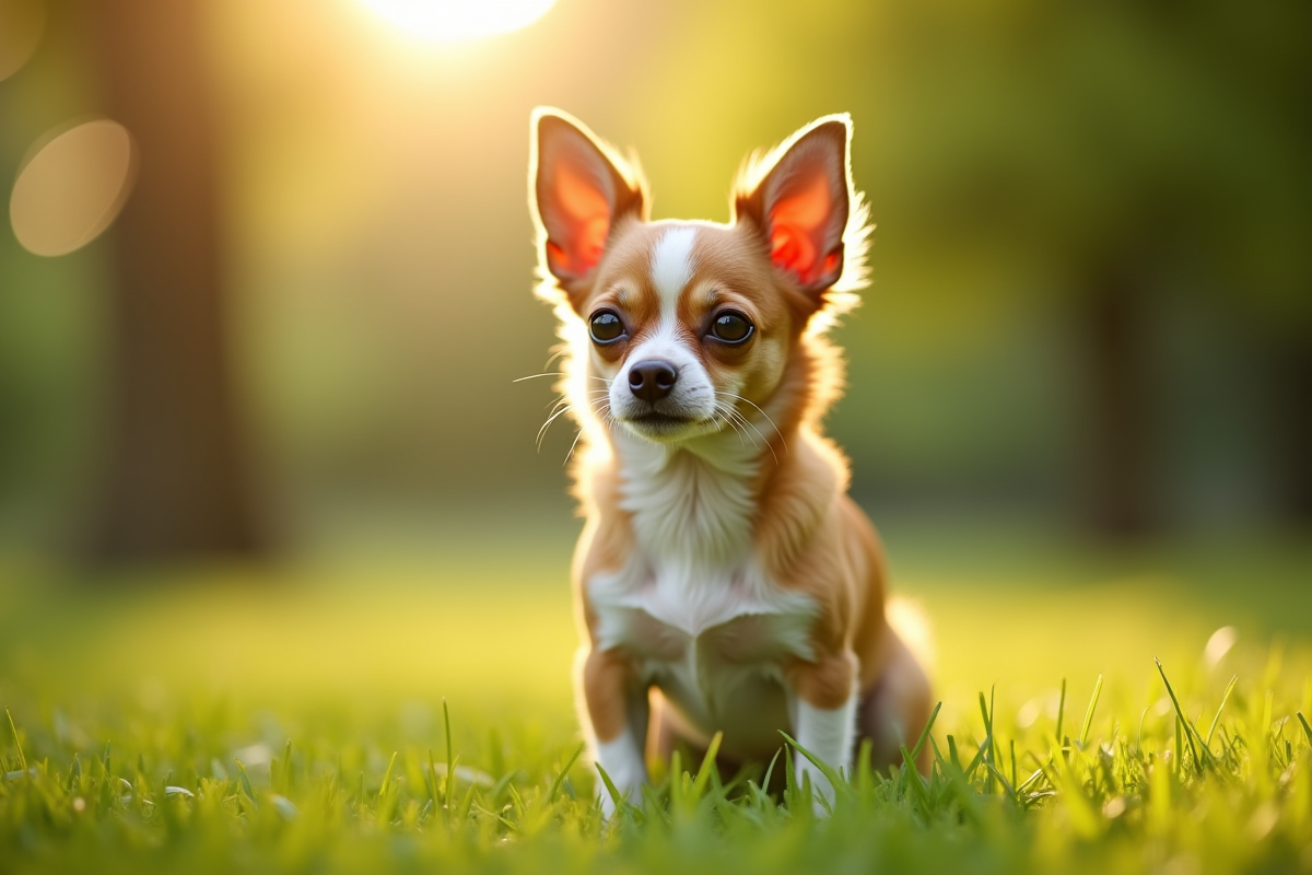 Chihuahua en plein exercice dans un parc ensoleille