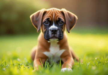 Chiot boxer assis sur l'herbe au matin