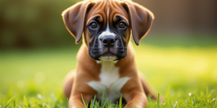 Chiot boxer assis sur l'herbe au matin