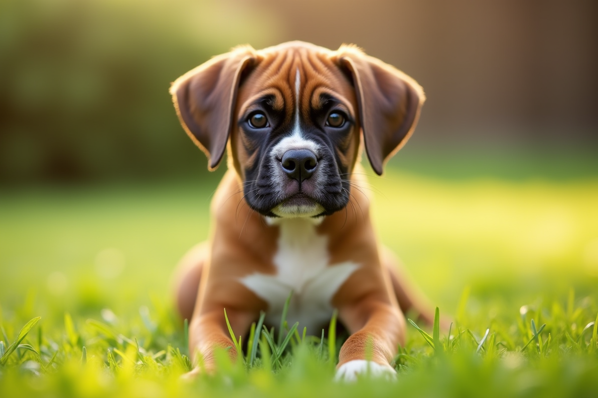 Chiot boxer assis sur l'herbe au matin