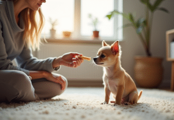 Petit chiot chihuahua assis sur un tapis lumineux