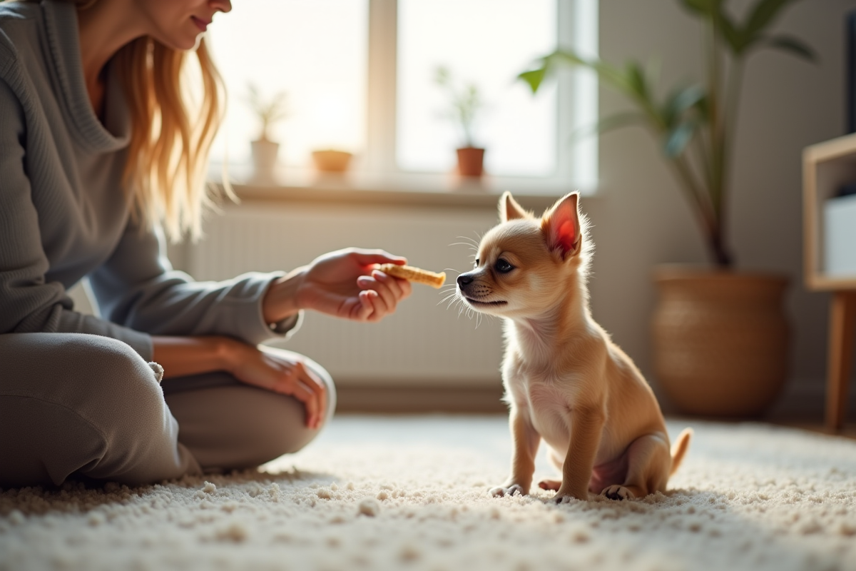 Petit chiot chihuahua assis sur un tapis lumineux